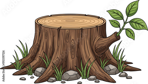 Detailed vector illustration of a cut tree stump with new green leafy sprout growth and small rocks for environmental resilience and nature regrowth concept