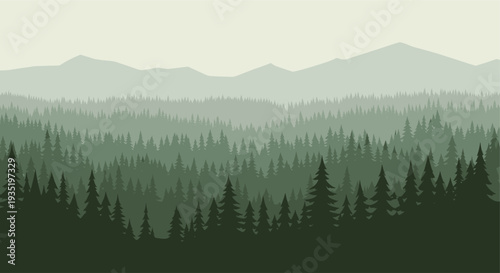 Green toned vector illustration of a forest and mountain landscape, ideal for backgrounds, nature concepts, and travel design.