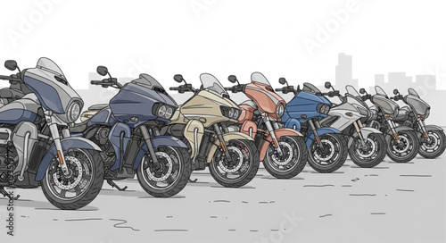 Row of parked motorcycles lined up neatly for display.