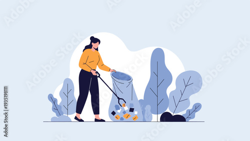 Dedicated female volunteer using a reacher tool to collect litter and trash into a large bag to clean the park.