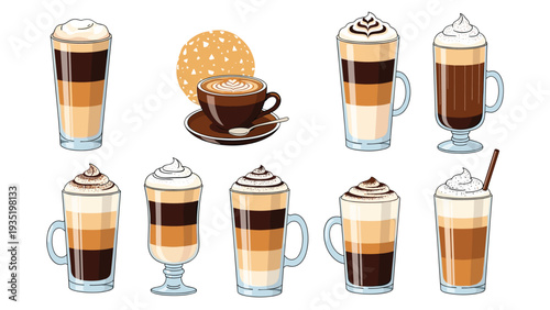 Collection of different coffee beverages including lattes and cappuccinos served in various glass mugs and cups with artistic foam patterns on top.