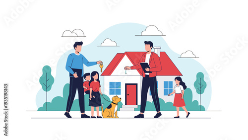 Real estate agent handing over the keys of a new house to a happy family with children and a dog in a suburban neighborhood setting.