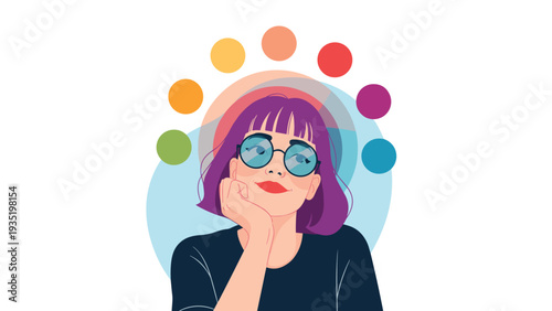 Thoughtful young woman with purple hair and stylish glasses surrounded by colorful circles representing ideas or creative inspiration.