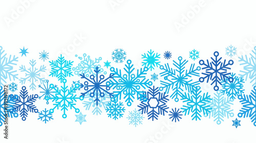 Vibrant Blue Snowflakes Horizontal Border Pattern on White. Festive Winter Design Element for Christmas and Holiday Backgrounds.
