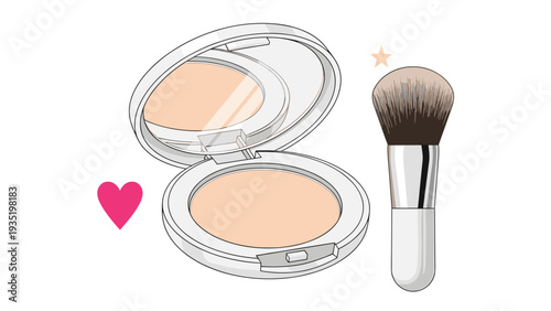 Open round makeup compact powder with a built-in mirror placed next to a soft fluffy cosmetic brush and a small pink heart icon.