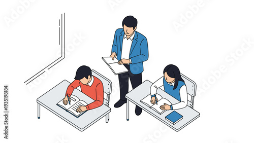 Professional male teacher standing and supervising two students sitting at their desks while they are focused on writing in their notebooks.