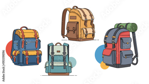 Collection of four different colorful and durable hiking backpacks designed for outdoor adventures and long-distance travel journeys.