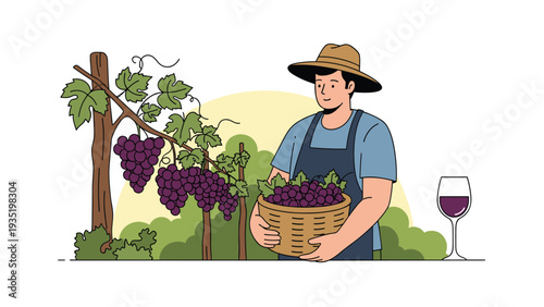 Cheerful farmer wearing a straw hat and apron holding a wicker basket full of ripe purple grapes in a sunny green vineyard setting.