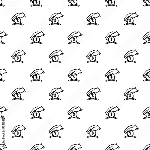 Seamless pattern of hands dropping dollar coins for giving, donation, and collecting