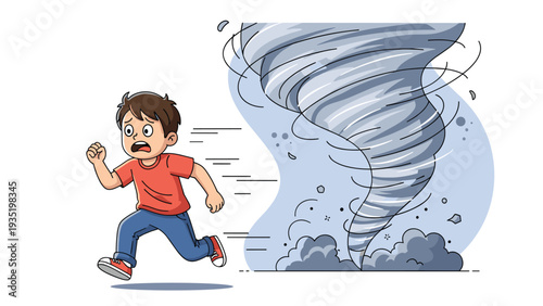 Terrified young boy running away from a massive grey tornado that is approaching quickly across a flat landscape in a vector style.