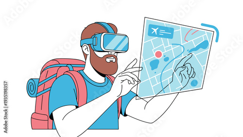 Bearded man wearing virtual reality goggles while interacting with a holographic digital map and planning his next travel adventure.