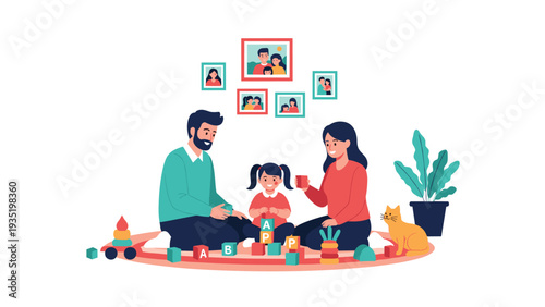 Happy family with a young daughter playing with colorful letter blocks on a rug at home with a cat and family photos on the wall.