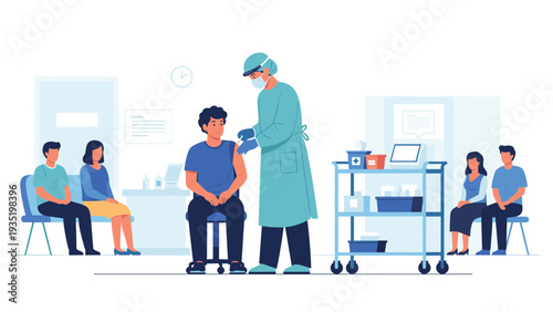 Professional doctor in surgical scrubs and face mask administering a vaccine to a patient in a medical clinic office.