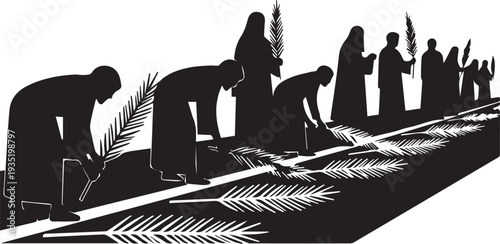 Religious palm sunday celebration silhouette vector illustration with people laying leaves