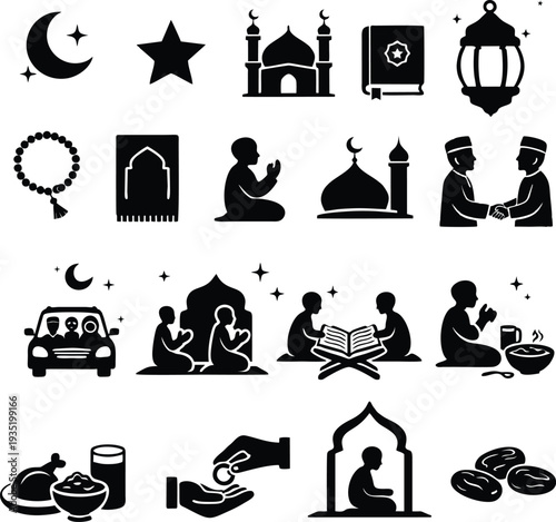 Ramadan Kareem Islamic Icon Set – Flat Black Silhouette Vector Collection