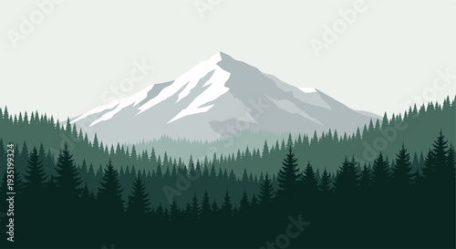 Vector illustration of a snow-capped mountain peak rising above a dense evergreen forest, creating a serene and minimalist nature scene, ideal for backgrounds.