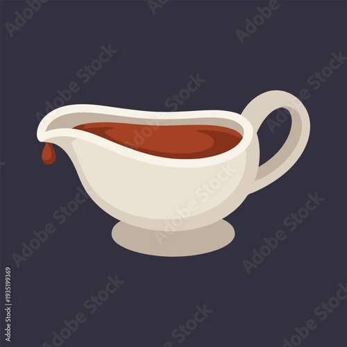 Delicious brown gravy pouring from a white sauceboat