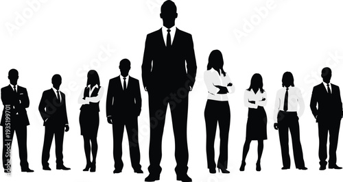 Business professionals silhouettes, corporate leadership concept, central figure prominence, teamwork hierarchy illustration, office staff diversity design, cad drawing flat vector illustration