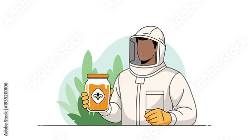 Professional beekeeper in a full white protective suit holding up a jar of golden organic honey with a bee label.