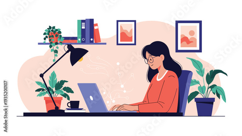 Focused young woman typing on a laptop at her home office desk surrounded by lush green plants and many books.