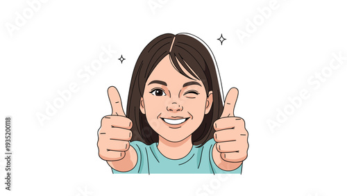 Happy young girl winking and giving a double thumbs up gesture to show her success and positive enthusiastic mood.