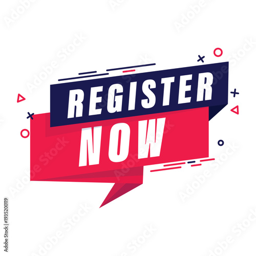 Register now flat design label for event sign-ups, webinar enrollment, and minimalist call-to-action stickers.