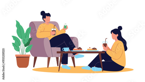 Two female friends sitting together in a living room having a pleasant conversation while enjoying drinks and snacks.