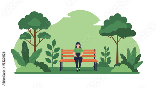 Woman sitting on a wooden bench in a peaceful green park while using her digital tablet for work or recreation.
