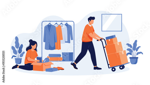Young couple packing boxes and organizing clothes on a rack while moving into their new home or apartment space.