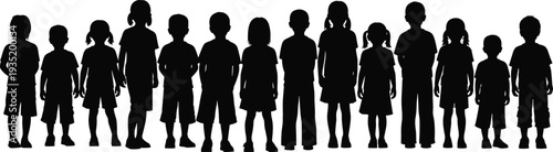 Children silhouettes standing in row, diverse group illustration, boys and girls figures, childhood diversity concept, educational design, cad drawing flat vector illustration