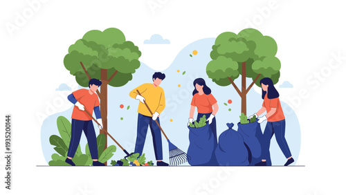 Group of dedicated volunteers working together to clean up fallen leaves and garden waste in a public park using rakes and blue trash bags.