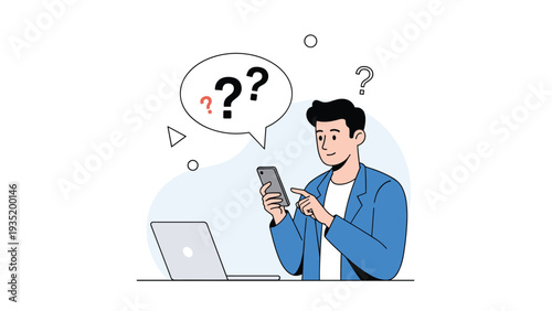 Confused man looking at his smartphone while question marks appear in a speech bubble above his head in a modern and simple office setting.