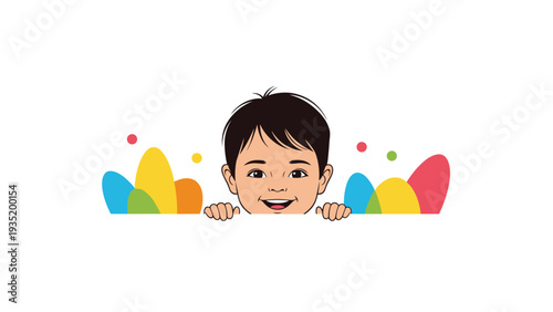 Cheerful young boy peeking over a white horizontal edge with bright colorful geometric shapes and circles arranged in the background.