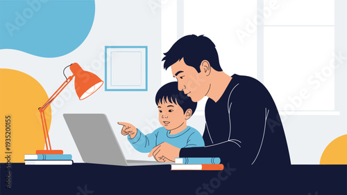 Caring father helping his young son learn how to use a laptop computer at home on a desk decorated with a lamp and stacks of books.