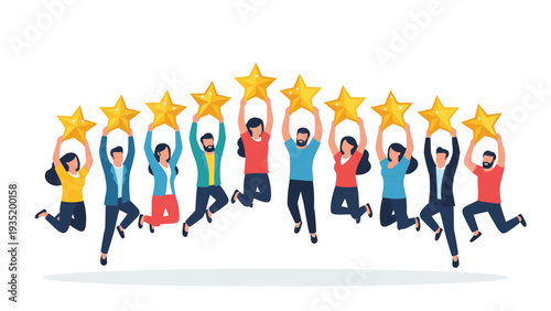 Group of happy and successful people jumping in the air while holding large gold stars to celebrate high ratings and great achievement.