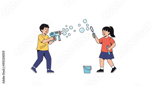 Two happy children playing outside with a colorful bubble gun and a wand to create many soap bubbles on a clean and bright background.