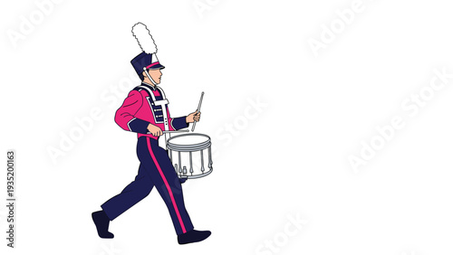 Male member of a marching band in a traditional red and blue uniform playing a white snare drum while walking during a street parade.