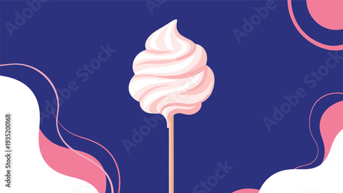 Fluffy pink cotton candy on a thin wooden stick shown against a deep blue background with modern abstract wavy shapes in the corners.
