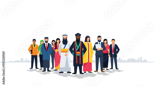 Large and diverse group of people from many different cultures and backgrounds standing together in front of a distant city skyline.