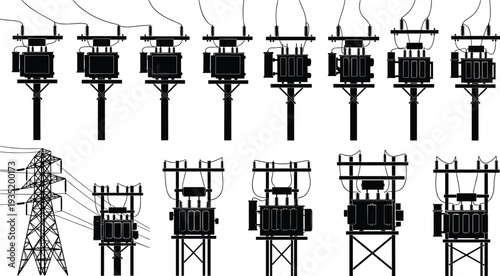 Electrical transformer and power transmission tower silhouette set, high voltage substation equipment collection isolated on white background for energy and industry design