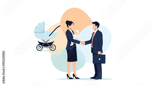 Professional woman wearing a dark suit and holding a baby shakes hands with a businessman in front of a blue and peach background.