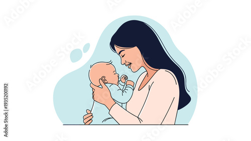 Beautiful and tender moment of a mother holding her sleeping newborn baby close to her chest against a soft and peaceful blue background.