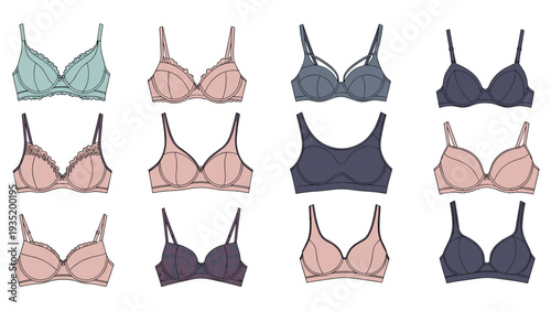Large set of various women bras in different colors and styles including lace and plain designs shown on a clean and white background.