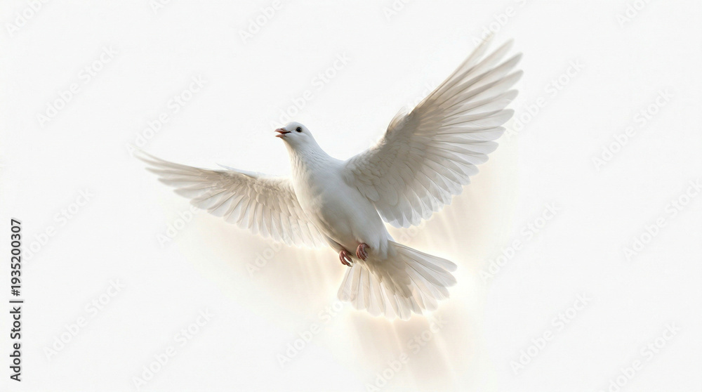 Obraz premium Elegant white dove flying with wings fully spread, isolated on clean background. Soft lighting enhances feather detail and graceful motion. Perfect for peace symbols, spiritual campaigns, wedding invi