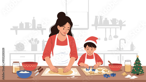 Happy mother and her young son wearing a Santa hat spend quality time together baking star-shaped cookies in a cozy kitchen during Christmas.