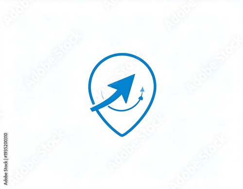 Blue upward arrow inside a map pin, indicating growth and location on white