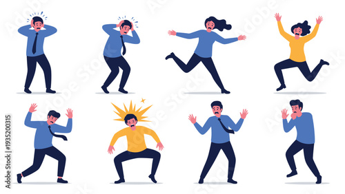 Set of diverse people characters expressing intense panic, stress, and fear in various frantic poses shown on a white background.