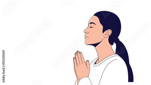 Serene profile of a young woman with closed eyes and hands clasped in prayer or meditation, conveying a sense of peace, spirituality, and hope.