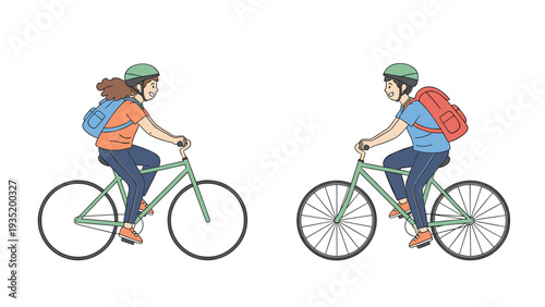 Young girl and boy wearing safety helmets and backpacks enjoy riding their bicycles together on a clear day, illustrated in a clean vector style.