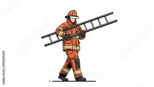 Professional firefighter in full protective gear and helmet confidently carries a long metal ladder to an emergency site, shown in profile view.